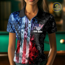 Load image into Gallery viewer, Woman wearing a smoke American flag 8 ball billiard jersey front view.