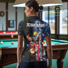 Load image into Gallery viewer, Back view of woman wearing a smoke American flag 8 ball pool team jersey.