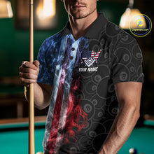 Load image into Gallery viewer, Man wearing a smoke American flag 8 ball pool billiard jersey front view.