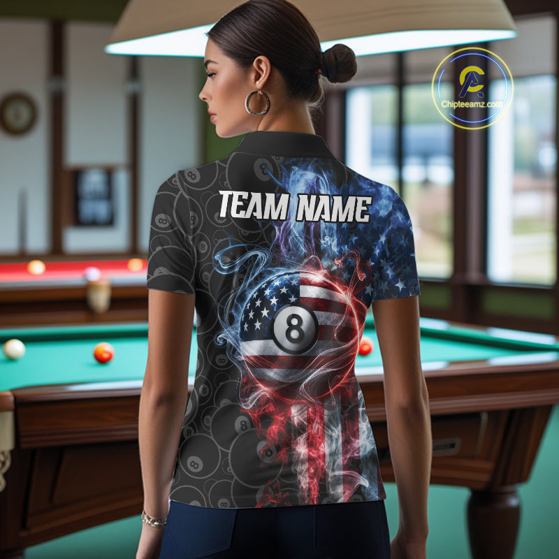 Back view of woman wearing a smoke American flag 8 ball pool team jersey.