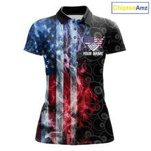 Load image into Gallery viewer, Smoke American flag 8 ball pool billiard polo shirt for women, custom patriotic pool team jersey.