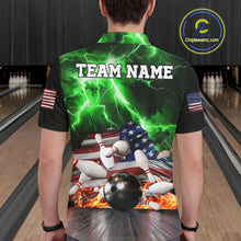 Load image into Gallery viewer, Man wearing green lightning thunder American flag bowling polo shirt back view.