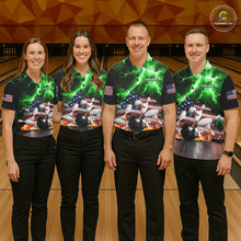 Load image into Gallery viewer, Bowling team wearing matching green lightning thunder American flag jerseys front view.