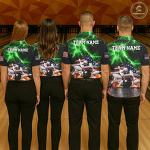 Load image into Gallery viewer, Bowling team wearing matching green lightning thunder American flag jerseys back view.