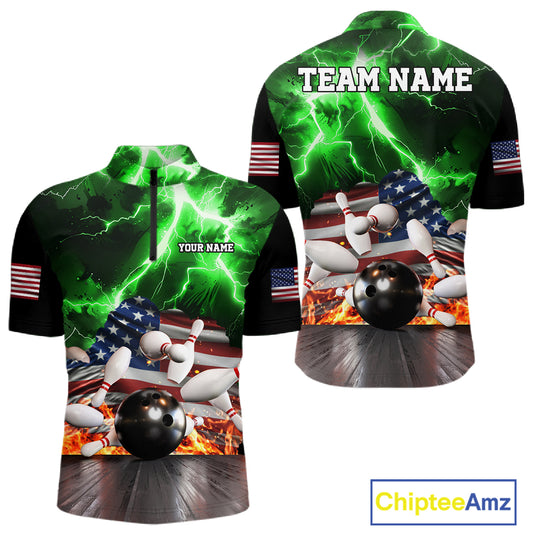Green lightning thunder American flag bowling quarter zip shirt for men, custom league team jersey.