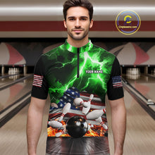 Load image into Gallery viewer, Man wearing green lightning thunder American flag bowling quarter zip shirt front view.