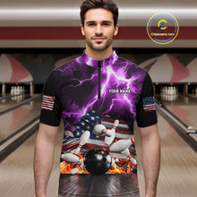 Load image into Gallery viewer, Man wearing purple lightning thunder American flag bowling polo shirt front view.