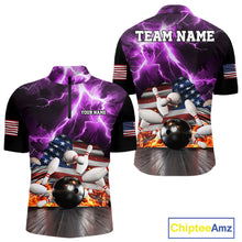 Load image into Gallery viewer, Purple lightning thunder American flag bowling quarter zip shirt for men, custom league team jersey.