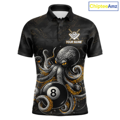 Personalized funny octopus 8 ball billiard polo shirt for men, custom pool team jersey apparel.