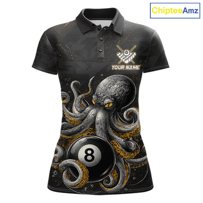 Personalized funny octopus 9 ball billiard polo shirt for women, custom pool team jersey apparel.