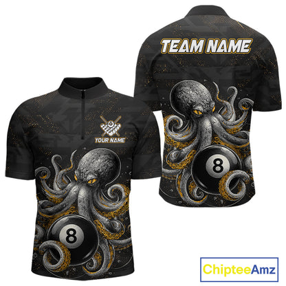 Funny octopus 8 ball quarter zip billiard shirt for men, personalized pool team jersey.