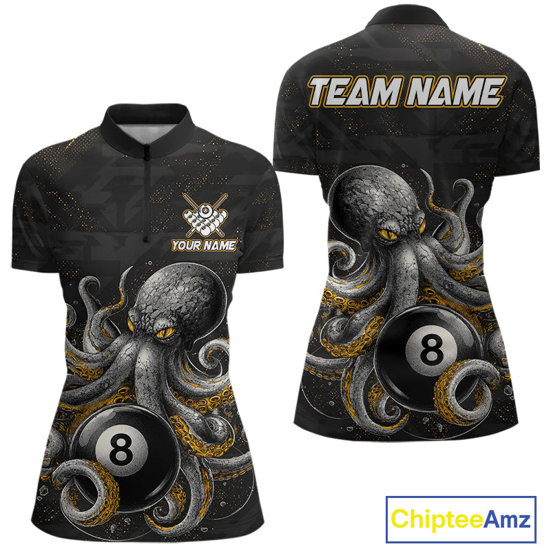 Funny octopus 9 ball quarter zip billiard shirt for women, personalized pool team jersey.
