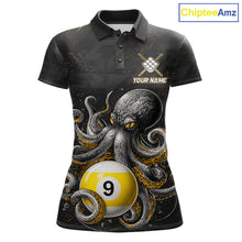 Load image into Gallery viewer, Personalized funny octopus 9 ball billiard polo shirt for women, custom pool team jersey apparel.