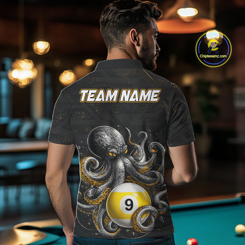 Back view of man wearing a funny octopus 8 ball and 9 ball pool team jersey.