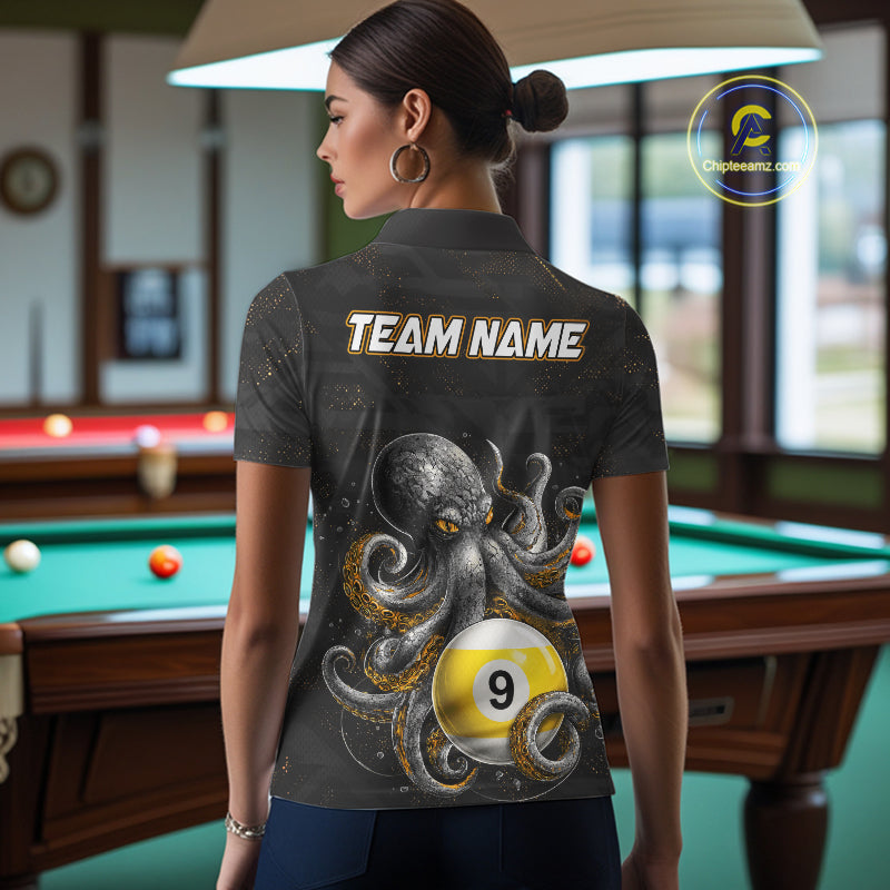Back view of woman wearing a funny octopus 8 ball and 9 ball pool team jersey.