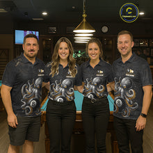 Load image into Gallery viewer, Pool team wearing matching funny octopus 8 ball and 9 ball billiard jerseys front view.