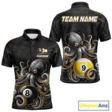 Load image into Gallery viewer, Funny octopus 8 ball and 9 ball billiard polo shirt for men, custom pool team jersey with ocean theme artwork.