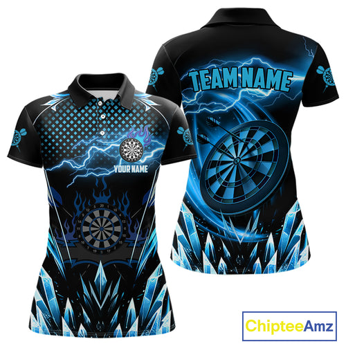 Personalized Blue Icy Lightning Darts Shirt For Women Custom Dart League Team Jersey Polo & 1/4 Zip TDM4465