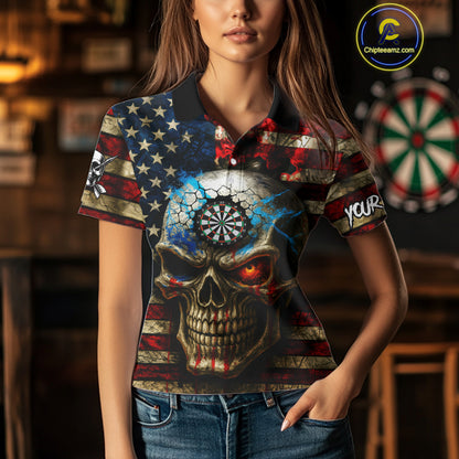 Personalized Vintage American Flag Skull Darts Shirt For Women, Patriotic Darts League Team Jersey TDM4708