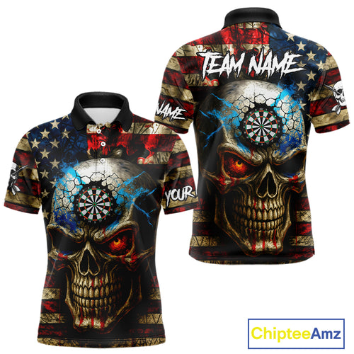 Personalized Vintage American Flag Skull Darts Shirt For Men, Patriotic Darts League Team Jersey TDM4708