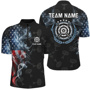 Personalized Smoke USA Flag Archery Polo & 1/4 Zip Shirts For Men, Patriotic Archery Team Jerseys TDM2868