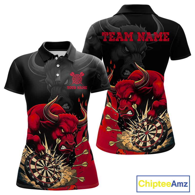 Black And Red Funny Bull Darts Shirt For Women Custom Dart Jersey Team Polo & 1/4 Zip TDM5124