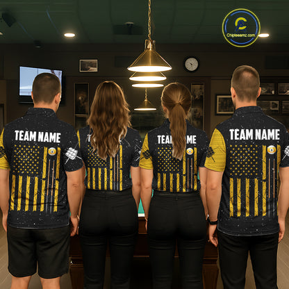 Yellow Black Grunge American Flag 9 Ball Men's Billiard Shirt Custom 9 Ball Pool Team Jersey TDM5599