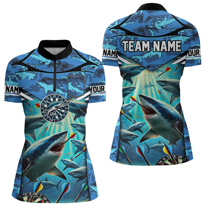 Blue 3D Shark Custom Ocean Camo Darts Shirts For Women Custom Dart Jersey TDM3515