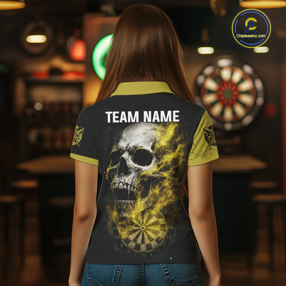 Personalized Yellow Black Skull Smoke Darts Shirt For Women Custom Darts Team Jersey Polo &1/4 Zip TDM5837