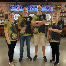 Load image into Gallery viewer, Personalized Yellow Black Skull Smoke Darts Shirt For Men Custom Darts Team Jersey Polo &amp;1/4 Zip TDM5837
