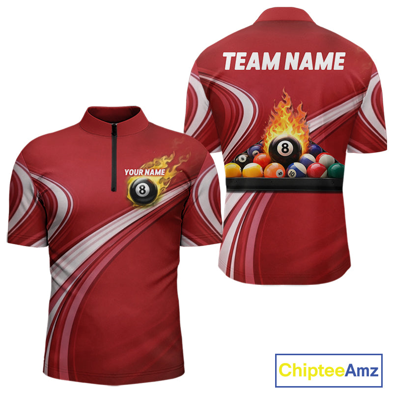 Personalized Red Billiard Jersey For Men Custom Flame 8 Ball Pool Billiard Shirt Polo & 1/4 Zip TDM6447