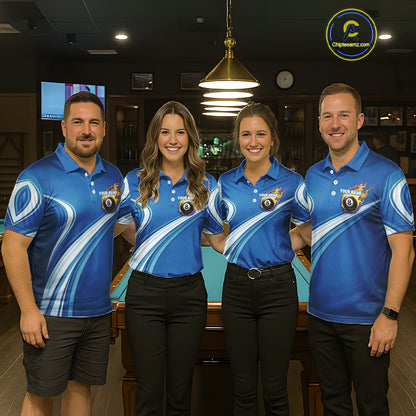 Personalized Blue Billiard Jersey For Women Custom Flame 8 Ball Pool Billiard Shirt Polo & 1/4 Zip TDM6448