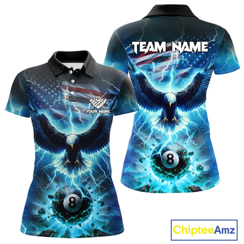 Blue American Flag Eagle Billiard Shirt For Women Custom 8 Ball Thunder Lightning Pool Team Jersey TDM4104