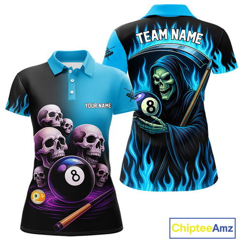 Custom Blue Flaming Grim Reaper 8 Ball Pool Billiard Shirt For Women, Funny Skull Pool Team Jersey TDM4280