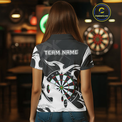 Custom Black And White Tribal Flame Dart Shirts For Women, Darts Team Jerseys Polo & Quarter Zip TDM4286