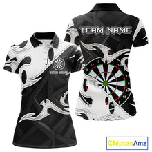 Load image into Gallery viewer, Custom Black And White Tribal Flame Dart Shirts For Women, Darts Team Jerseys Polo &amp; Quarter Zip TDM4286