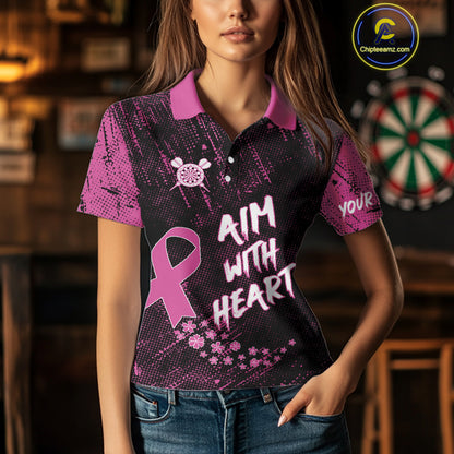 Aim With Heart Pink Ribbon Darts Shirt For Women Custom Breast Cancer Awareness Darts Jersey TDM4469