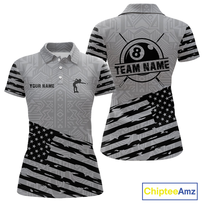 Personalized Grey US Flag 8 Ball Billiard Shirt For Women Custom Billiard Team Shirt, Pool Jerseys TDM4903