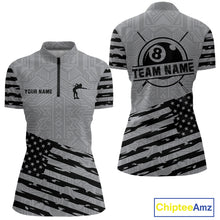 Load image into Gallery viewer, Personalized Grey US Flag 8 Ball Billiard Shirt For Women Custom Billiard Team Shirt, Pool Jerseys TDM4903