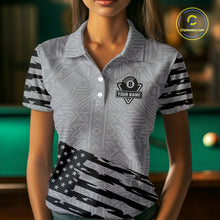 Load image into Gallery viewer, Personalized Grey US Flag 8 Ball Billiard Shirt For Women Custom Patriotic Billiard Pool Jerseys TDM4904