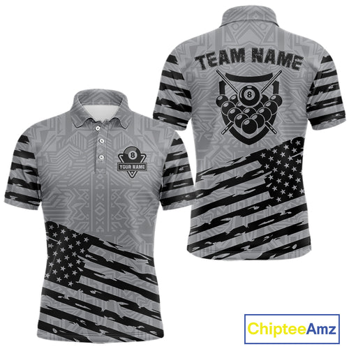 Personalized Grey US Flag 8 Ball Billiard Shirt For Men Custom Patriotic Billiard Pool Jerseys TDM4904