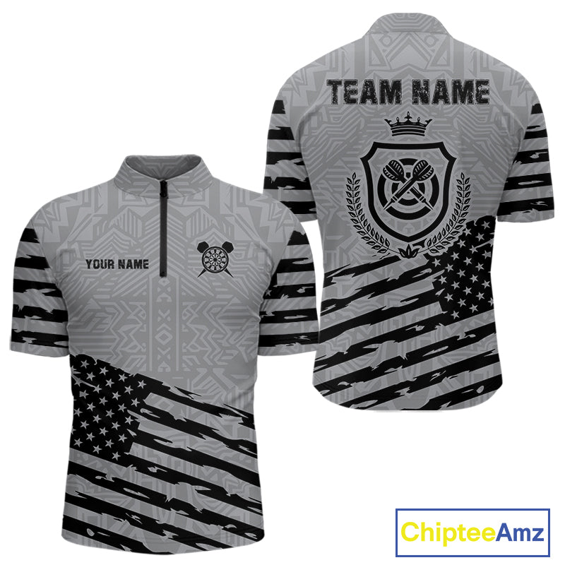 Personalized Grey US Flag Darts Shirt For Men Custom Darts Jersey, Darts Tournament Team Shirts TDM4905