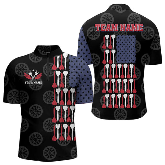 American Flag Black Darts Polo & Quarter Zip Shirt Custom Men Dart Shirts Patriotic Dart Jerseys TDM3355