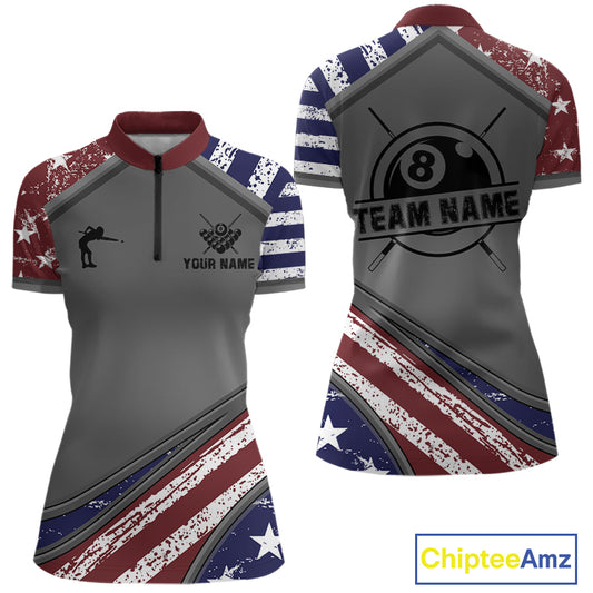 Personalized American Flag 8 Ball Billiard Shirt For Women Custom Patriotic Pool Team Jersey TDM5607