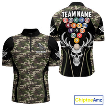 Load image into Gallery viewer, Personalized Green Camo Skull Billiard Shirt For Men, 8 Ball Billiard Team Jersey Polo &amp; 1/4 Zip TDM5993