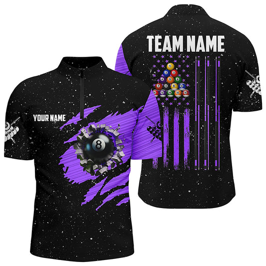 Customized Grunge American Flag 8 Ball Pool Men Quarter-Zip Shirt Pool Player Shirt |Purple TDM1343