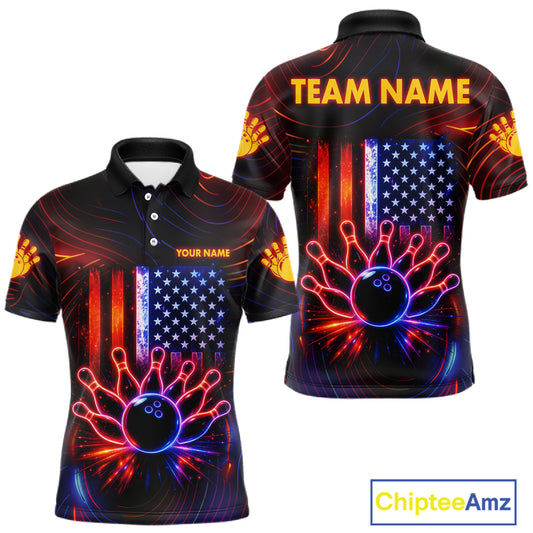 Custom Neon American Flag Bowling Shirt For Men, Patriotic Bowling Team Jersey Polo & 1/4 Zip TDM6221