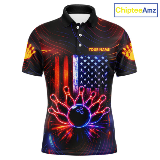 Custom Neon American Flag Bowling Shirt For Men, Patriotic Bowling Team Jersey Polo & 1/4 Zip TDM6221