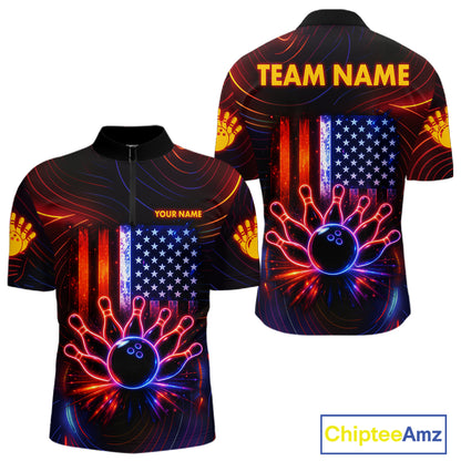 Custom Neon American Flag Bowling Shirt For Men, Patriotic Bowling Team Jersey Polo & 1/4 Zip TDM6221
