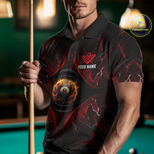 Load image into Gallery viewer, Man wearing a black and red flame 8 ball billiard jersey beside a pool table front view.